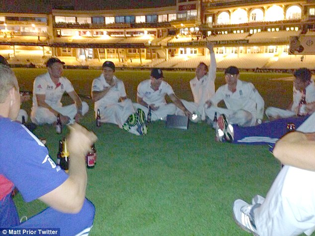Matt Prior Twitter Photo showing English Cricket Players drinking prior to Urinating on The Oval pitch